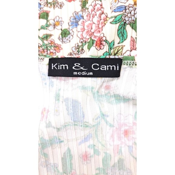 Kim & Cami Floral Print Blouse Women Size Medium Capped Sleeve Top Ribbed Knit - Picture 5 of 6